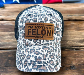 Trump I'm Voting Felon 2024 Leather Patch Hat: Black leopard