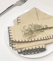 BLANKET STITCH  NAPKINS SET OF 6, Linen-Grey, 18''x18''.: Linen/Grey / 18''x18''