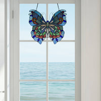 Tiffany Style 12"H Grayson Purple, Blue & Red Butterfly Window Panel