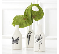 ASSORTED WHITE CERAMIC BOTTLES W/BLACK BIRD BUTTERFLY & FLOWER DECAL