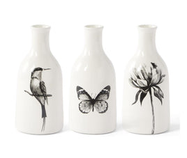 ASSORTED WHITE CERAMIC BOTTLES W/BLACK BIRD BUTTERFLY & FLOWER DECAL