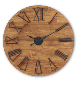 35.5 Inch Dark Mango Wood Wall Clock w/Black Metal Roman Numerals