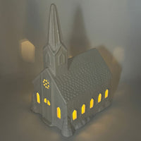 WHITE CERAMIC CHURCH W/LIGHT 10X8X15.25"H