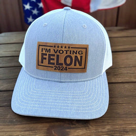 Trump I'm Voting Felon 2024 Leather Patch Hat: Heather grey / black back