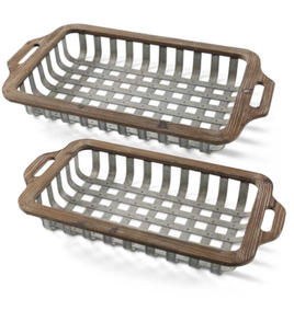 Open Weave Wood and Tin Rectangular Tray